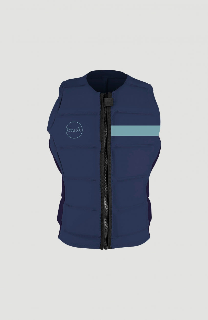 Blaue Bahia Competition Vest Weste für Damen, freigestellt von vorne, mit Frontreißverschluss und Logo-Print