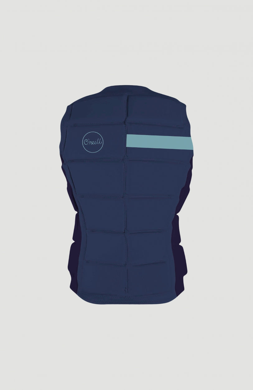 Blaue Bahia Competition Vest Weste für Damen, freigestellt von hinten, mit Querstreifen und Logo auf dem Rücken