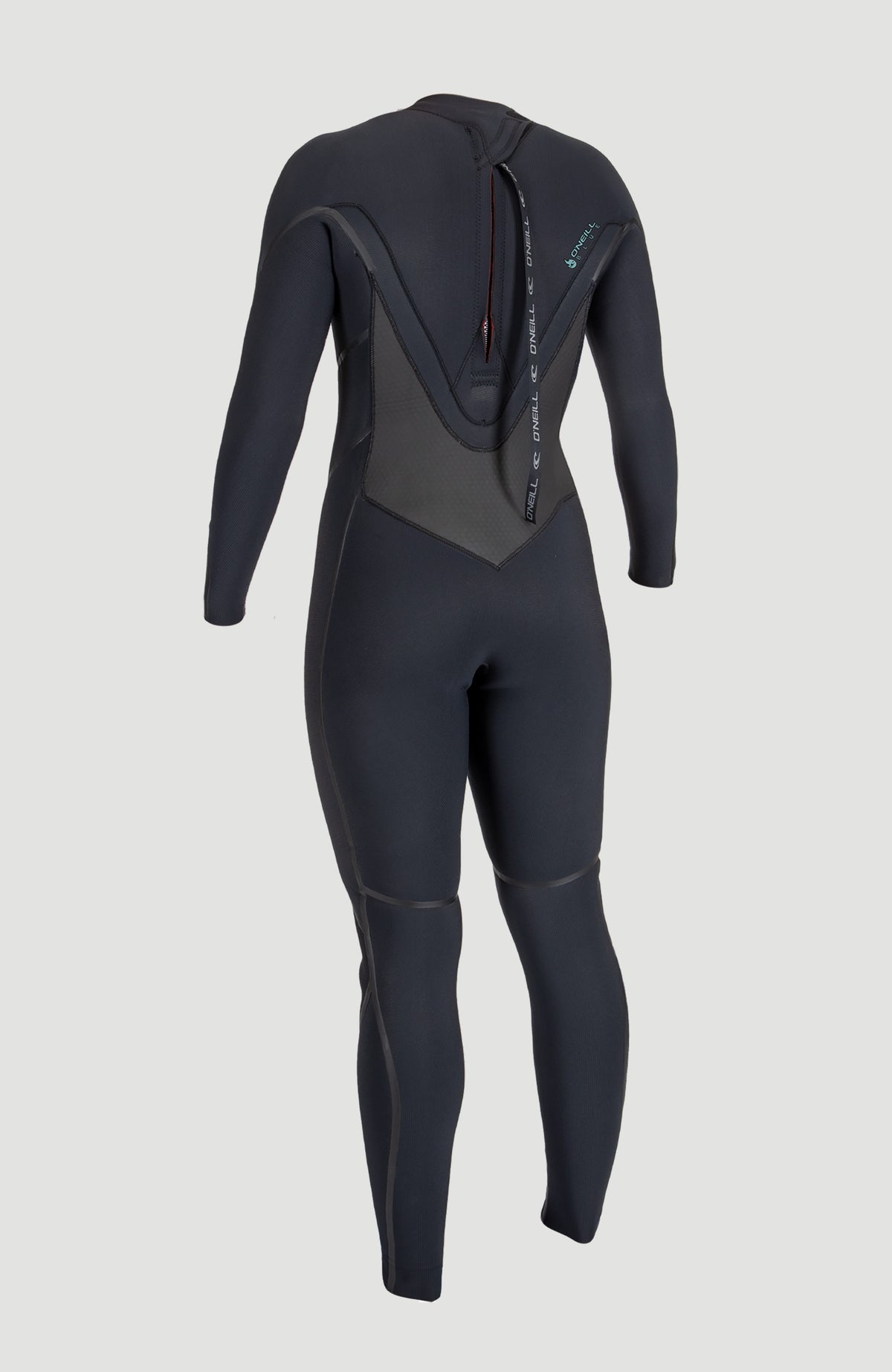 Schwarzer Psycho Tech Neoprenanzug für Damen, freigestellt von hinten mit langem Reißverschlussband