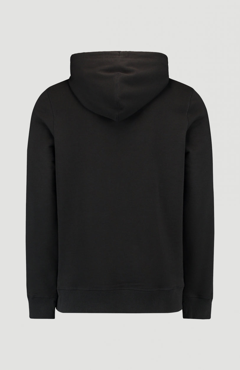Triple Stack Kapuzenpullover für Herren, schwarz mit Logo-Print in Weiß, freigestellt in Rückansicht mit Kapuze
