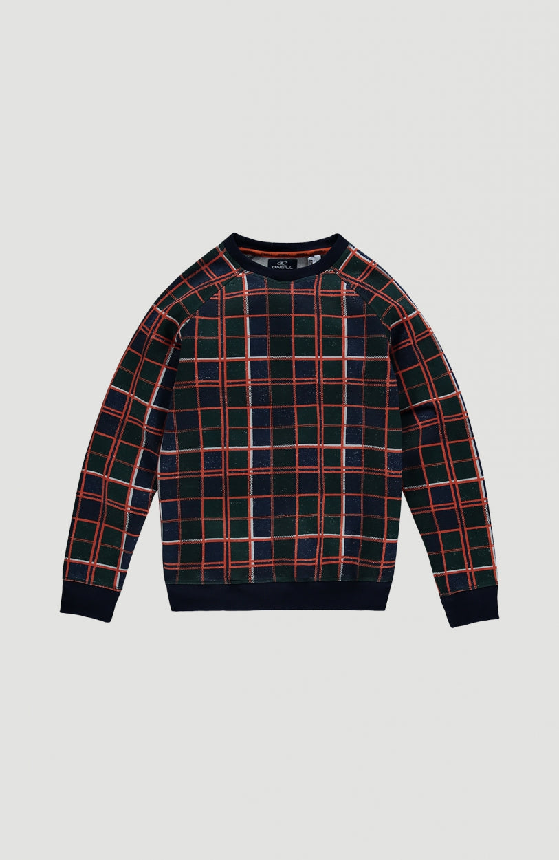 O'Neill Diversity All Over Print Crew Neck Sweatshirt für Jungen, blau mit Karomuster in Orange, flach liegend von vorne