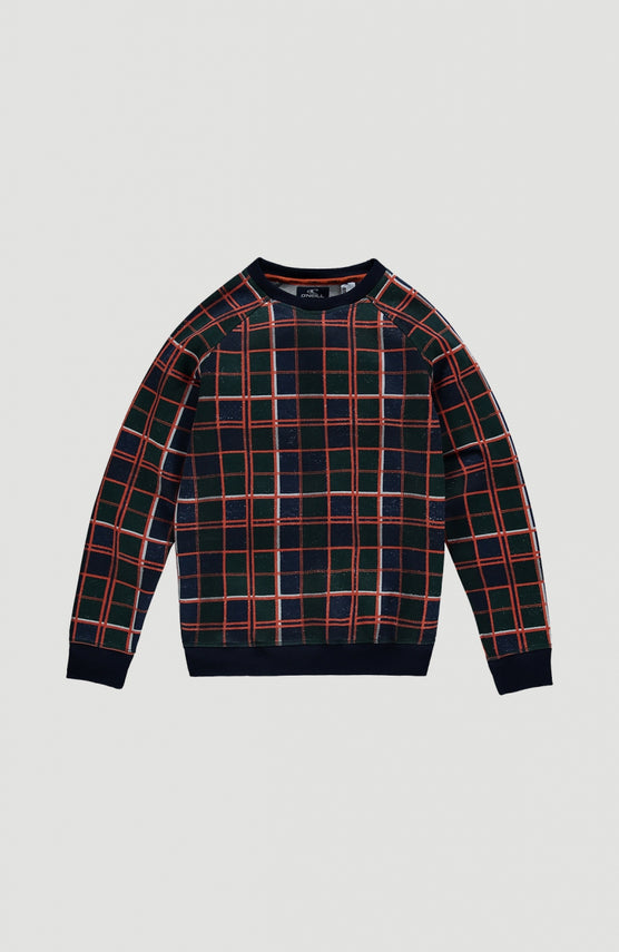 O'Neill Diversity All Over Print Crew Neck Sweatshirt für Jungen, blau mit Karomuster in Orange, flach liegend von vorne