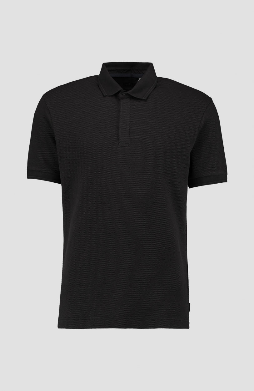 Hybrid Waffle Polo Shirt Poloshirt für Herren, schwarz, freigestellt von vorne mit Rippkragen und Knopfleiste