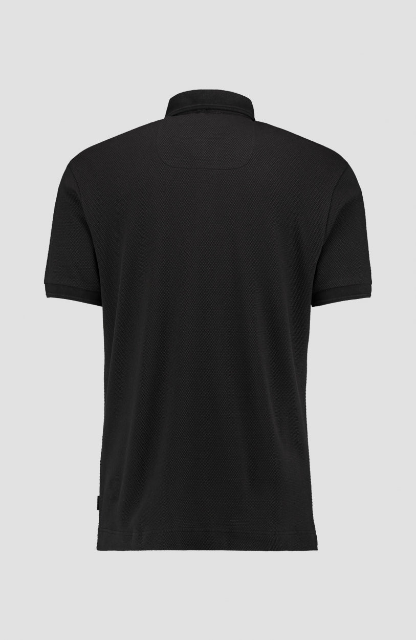 Hybrid Waffle Polo Shirt Poloshirt für Herren, schwarz, freigestellt von hinten mit Ziernaht am oberen Rücken
