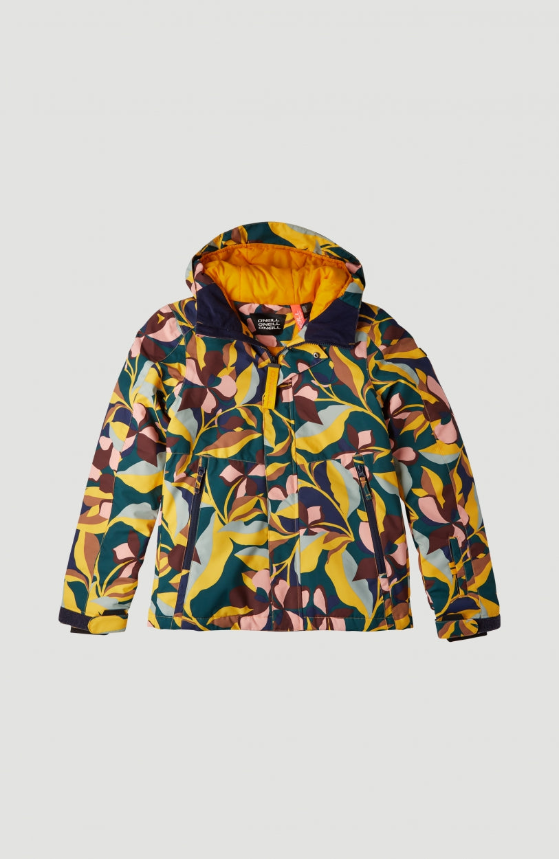 O'Neill Allover Snow Jacket Schneejacke für Mädchen, grün mit Blumenmuster in Rosa und Gelb, Vorderansicht