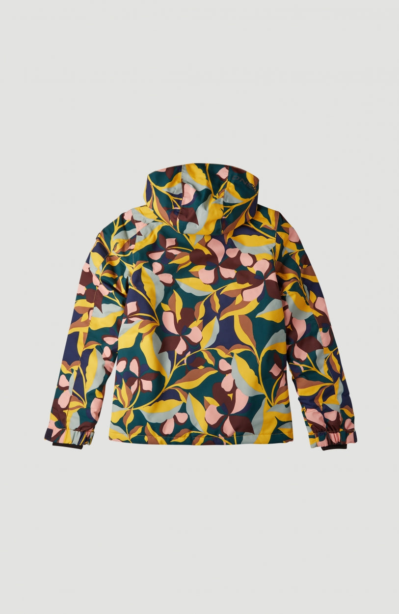 Allover Snow Jacket Schneejacke für Mädchen, grün mit Blumenmuster in Rosa und Gelb, Rückansicht mit Kapuze