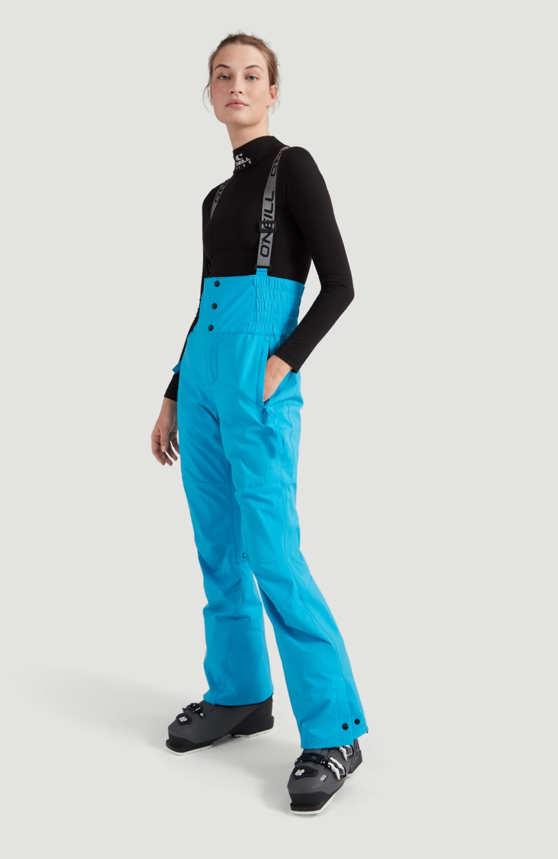 O'Neill Ocean Mission Snow Pants Schneehose für Damen, türkis, Vorderansicht am Model mit verstellbaren Hosenträgern