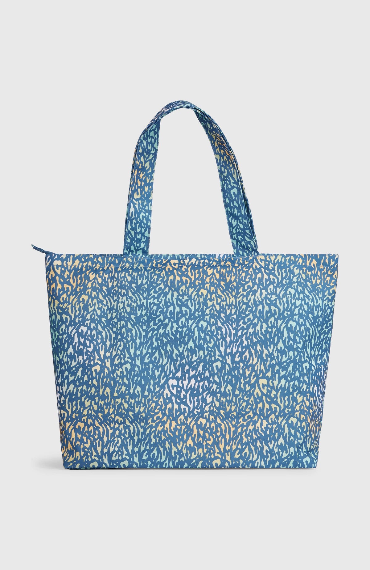 Coastal Print Tote Bag Tasche für Damen, gelb mit Tiermuster in Blau, freigestellt von hinten