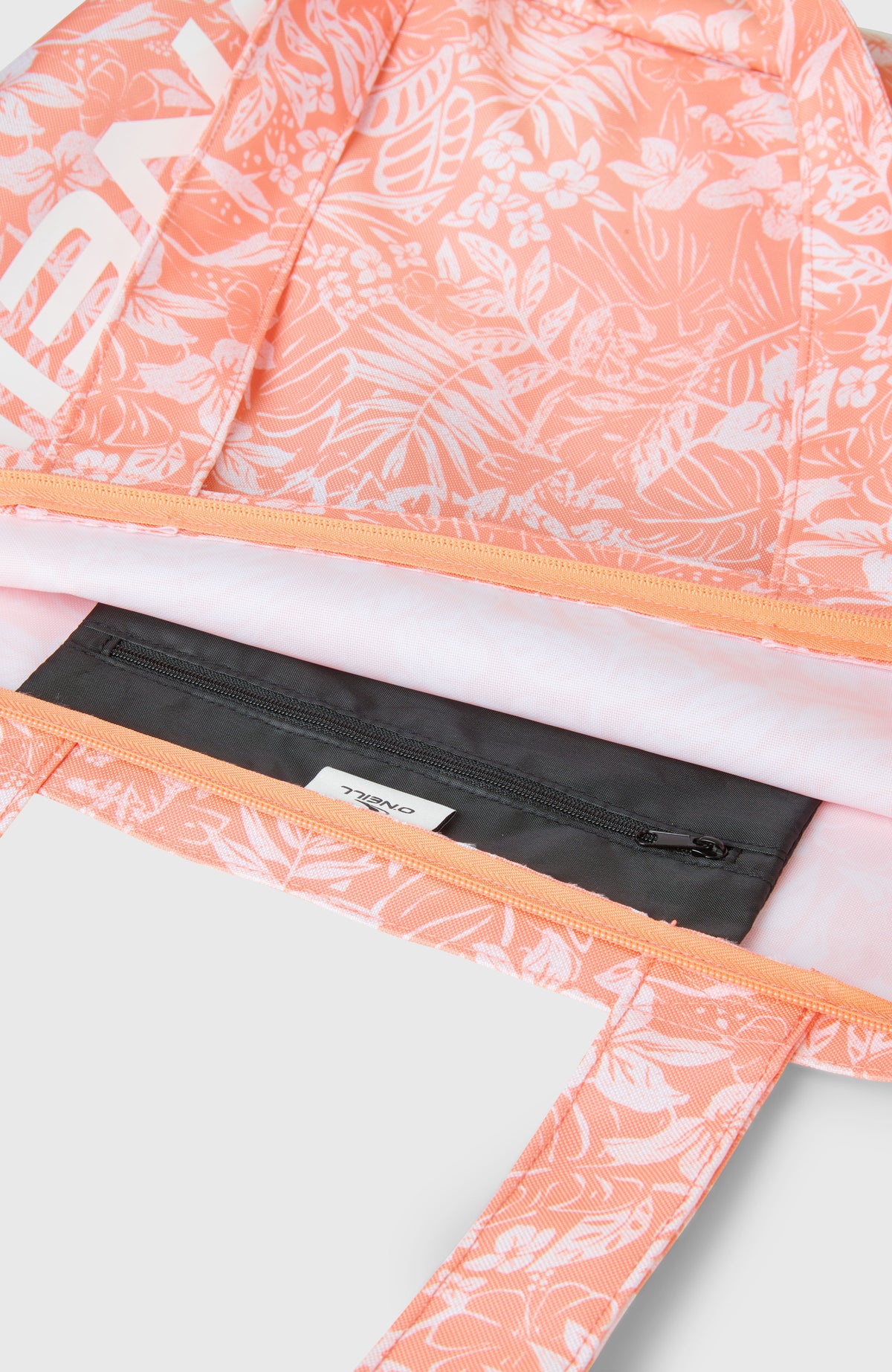 Coastal Print Tote Bag Tasche, orange mit Blumenmuster in Weiß, Nahaufnahme des Innenfachs mit Reißverschluss