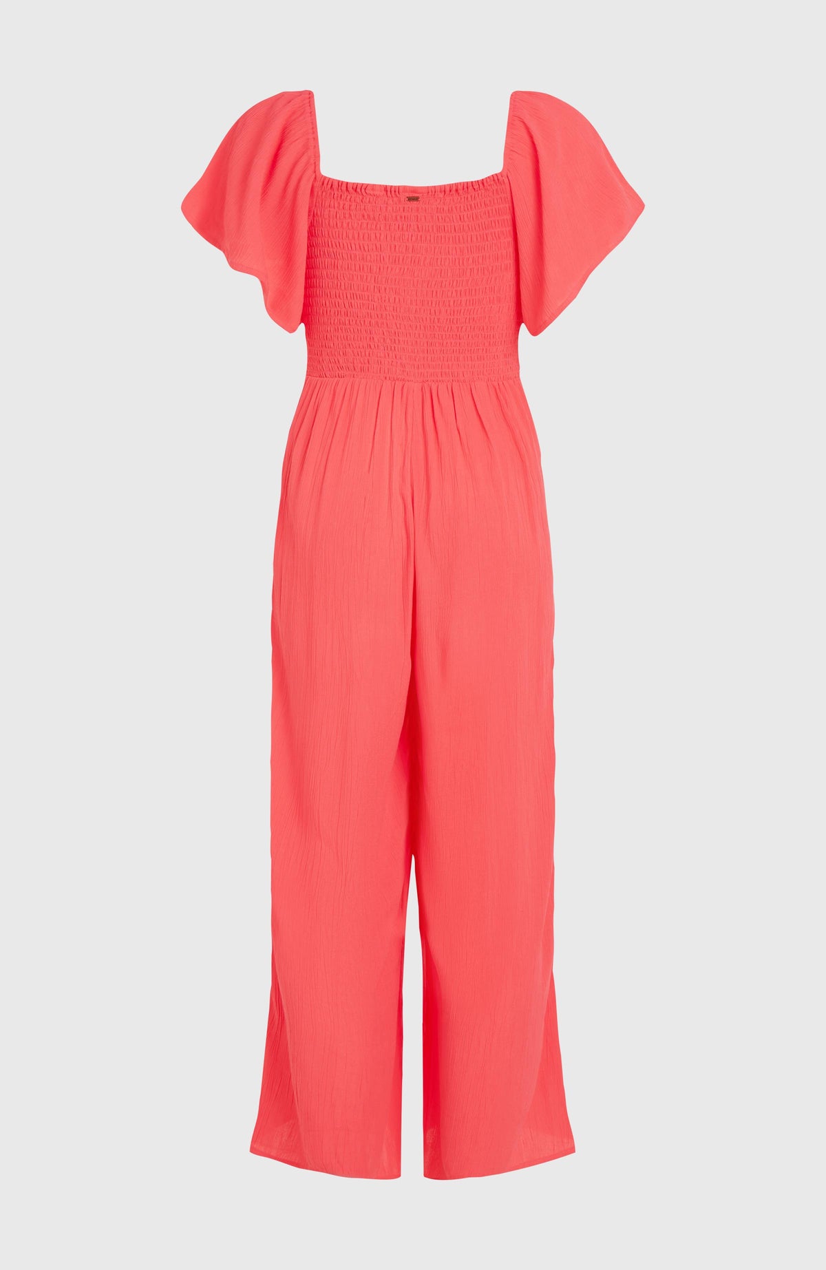 Kesia Jumpsuit für Damen, pink, freigestellt von hinten mit gesmoktem Oberteil und geradem weitem Hosenbein