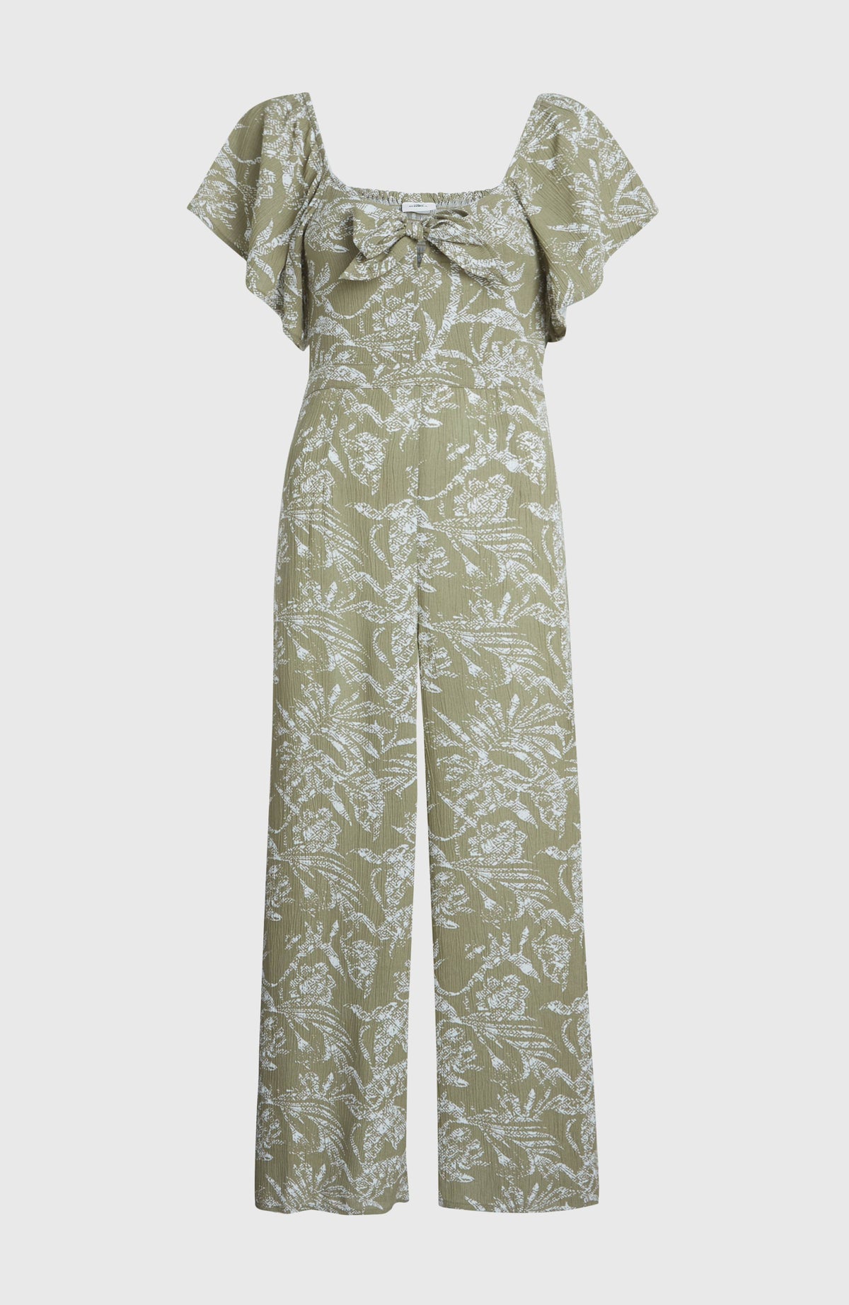 Kesia Jumpsuit für Damen, grün mit Dschungelmuster in Weiß, freigestellt von vorne