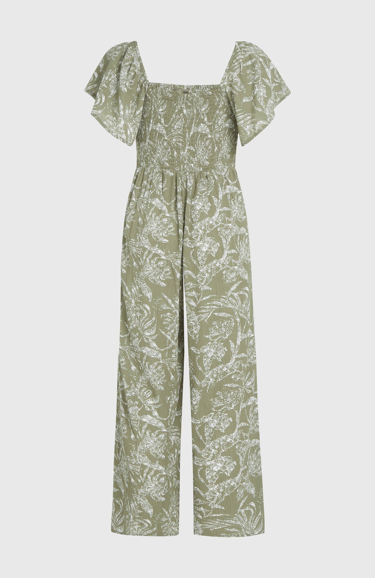 Kesia Jumpsuit für Damen, grün mit Dschungelmuster in Weiß, freigestellt von hinten