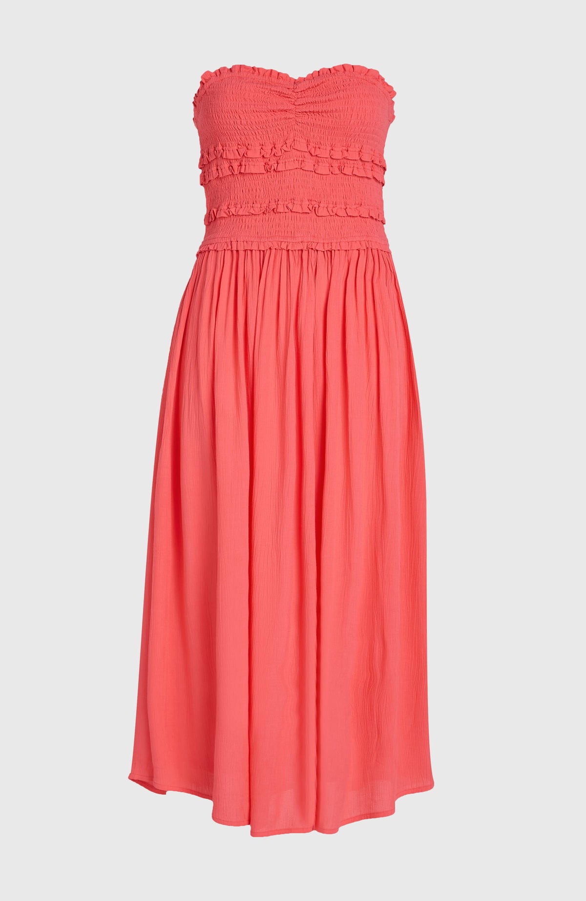 Devyn Midikleid für Damen, pink, freigestellt von vorne mit gerafften Rüschendetails am Oberteil