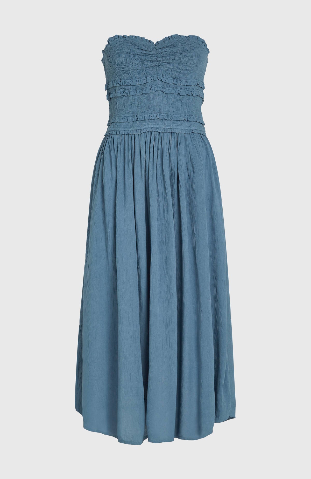 Devyn Midikleid für Damen, blau, freigestellt von vorne mit gerafftem Oberteil