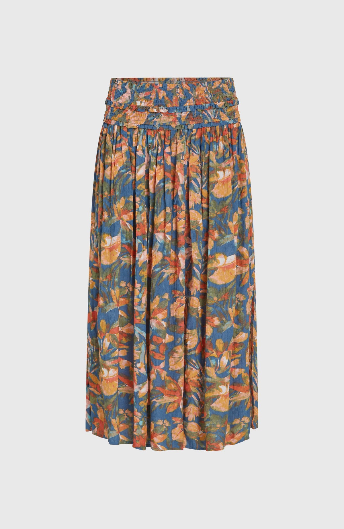Devyn Maxirock für Damen, blau mit Blumenmuster in Orange und Gelb, freigestellt von vorne mit seitlichem Schlitz