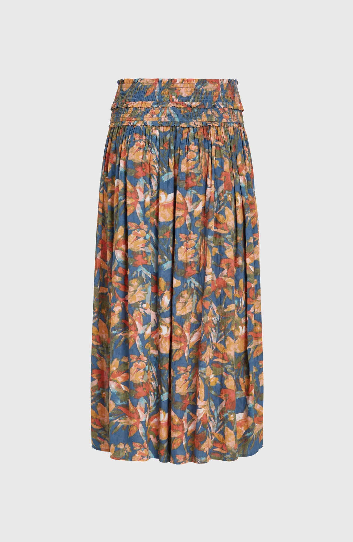 Devyn Maxirock für Damen, blau mit Blumenmuster in Orange und Gelb, freigestellt von hinten mit Logo-Badge am Bund