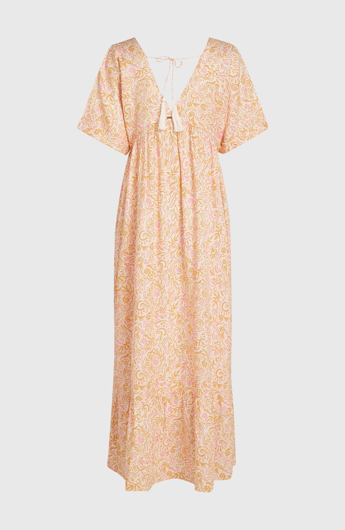 Women of the Wave Maxikleid für Damen, weiß mit Wellenmuster in Gelb und Rosa, freigestellt von hinten mit Quaste