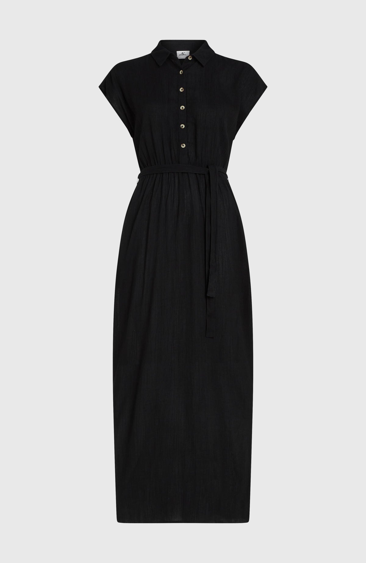 Lori Maxi-Hemdkleid für Damen, schwarz, freigestellt von vorne mit Bindegürtel