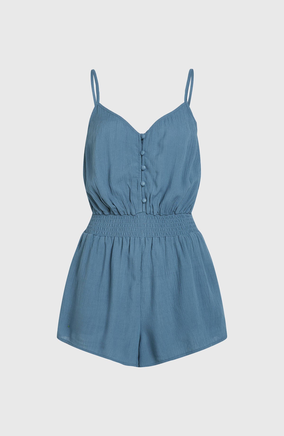 Romper mit Knöpfen und schmalen Trägern für Damen, blau, freigestellt von vorne