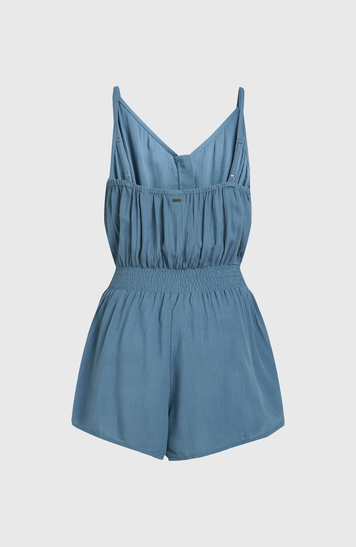 Romper mit Knöpfen und schmalen Trägern für Damen, blau, freigestellt von hinten