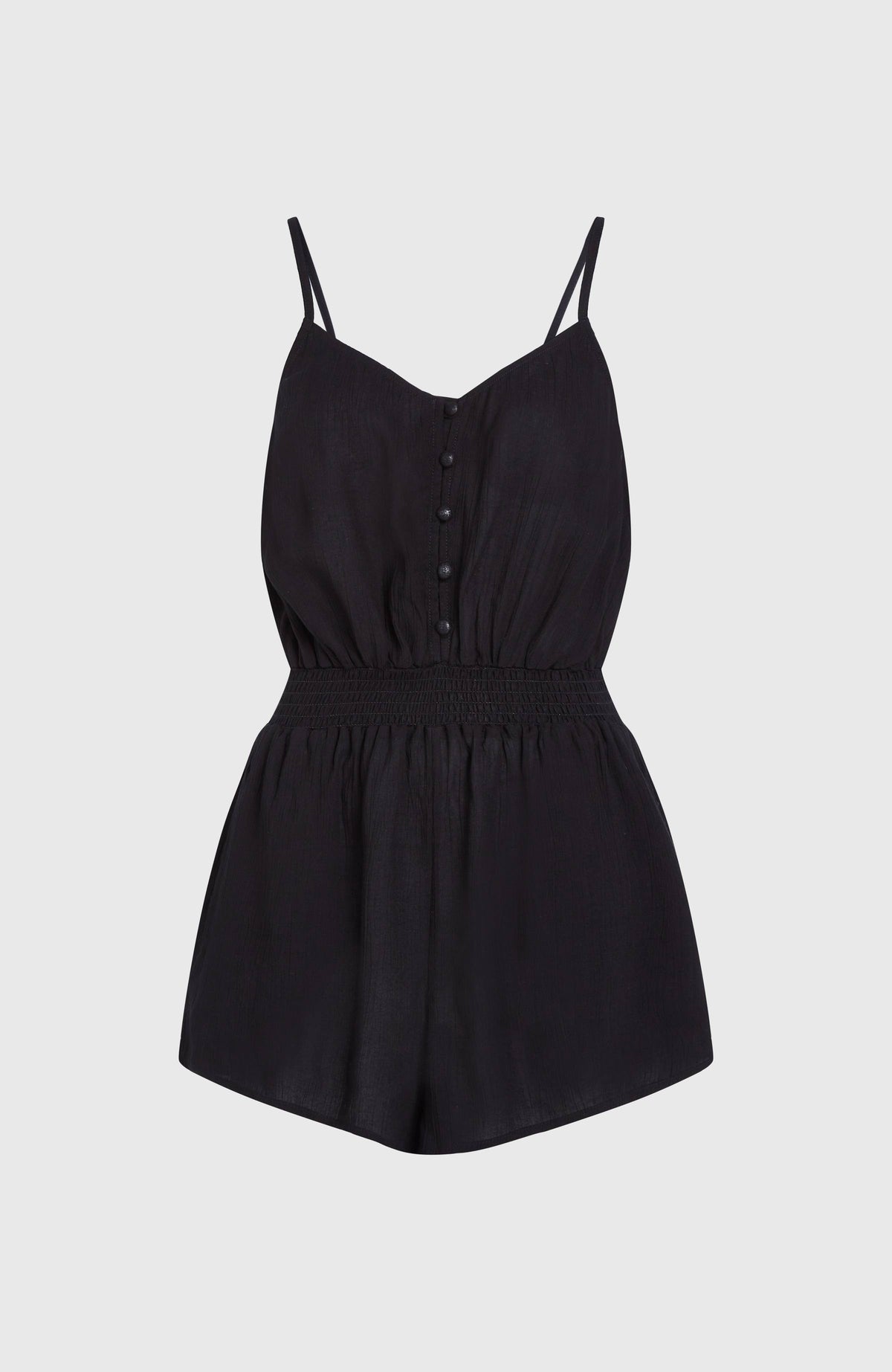Romper mit Knöpfen und schmalen Trägern für Damen, schwarz, freigestellt von vorne