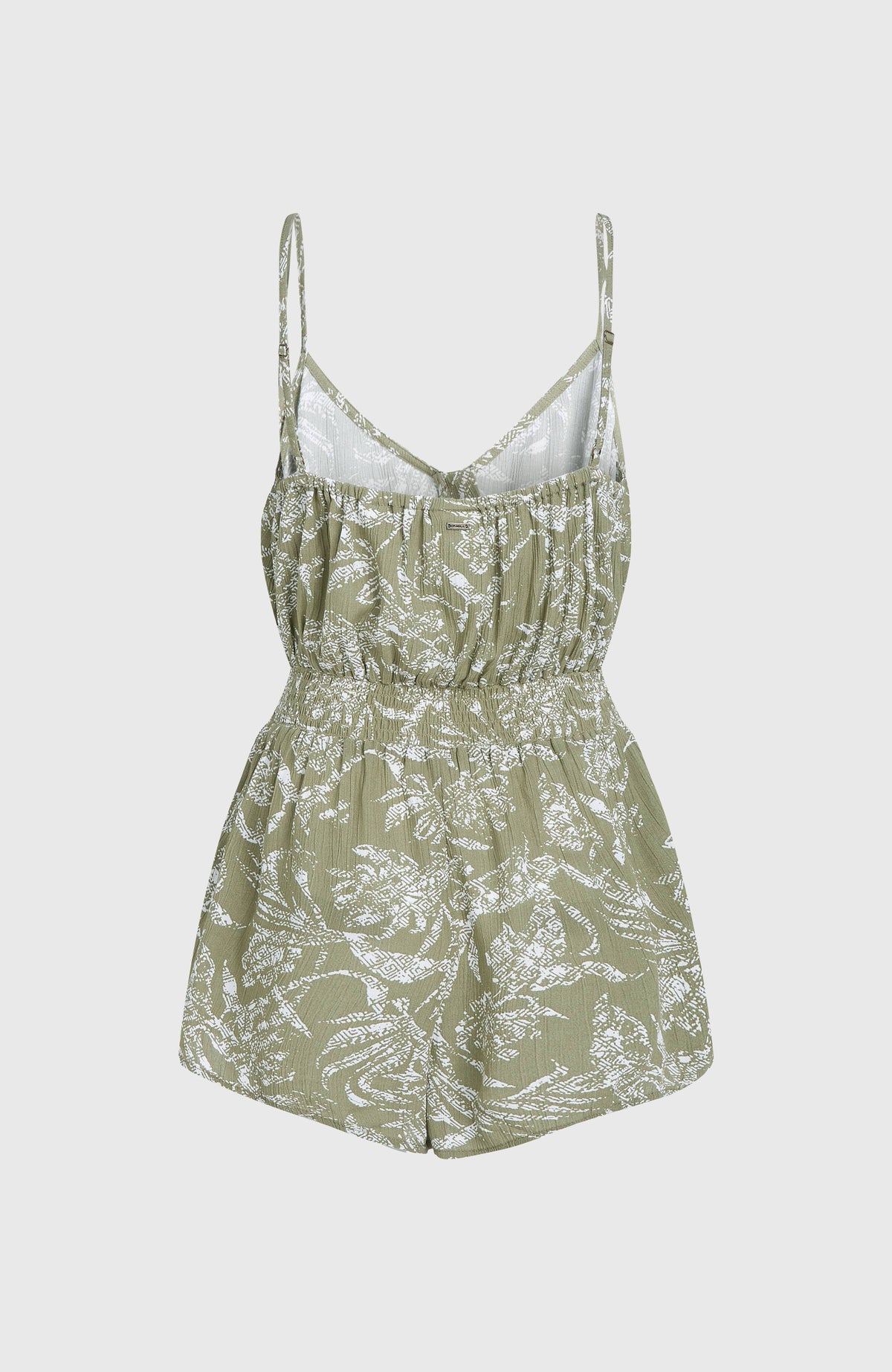 Romper mit Knöpfen für Damen, grün mit Dschungelmuster in Weiß, freigestellt von hinten mit geraffter Rückseite