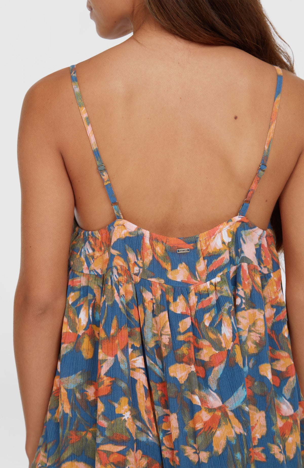 Rilee Kurzkleid für Damen, blau mit Blumenmuster in Orange, Nahaufnahme der Träger und Rückseite