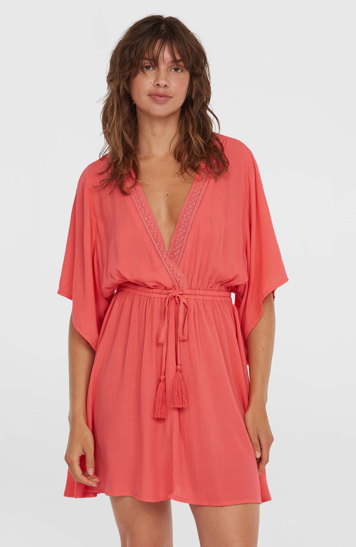Essentials Cover Up Kleid für Damen, pink, Vorderansicht am Model mit Kordelzug an der Taille