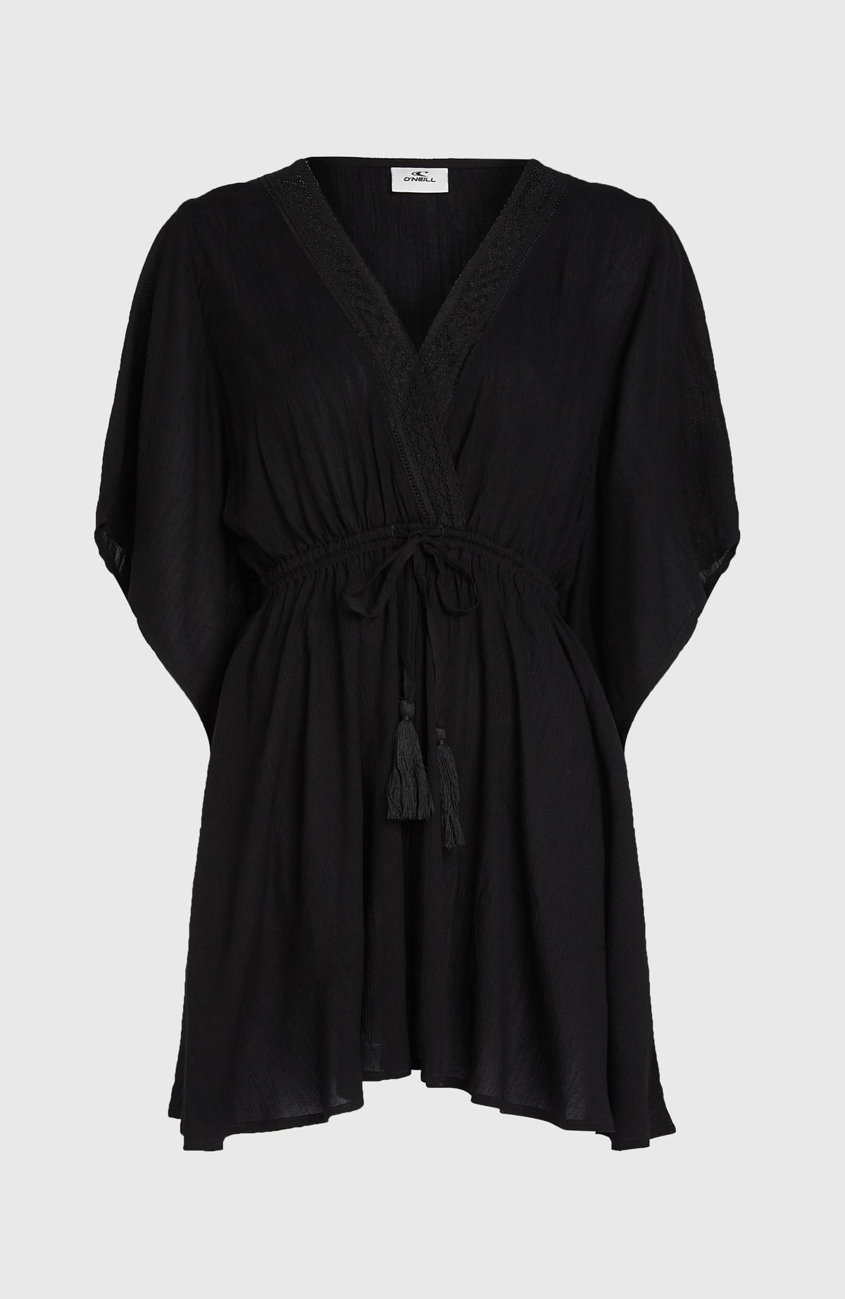 Essentials Cover Up Kleid für Damen, schwarz, freigestellt von vorne mit V-Ausschnitt und Kordelzug
