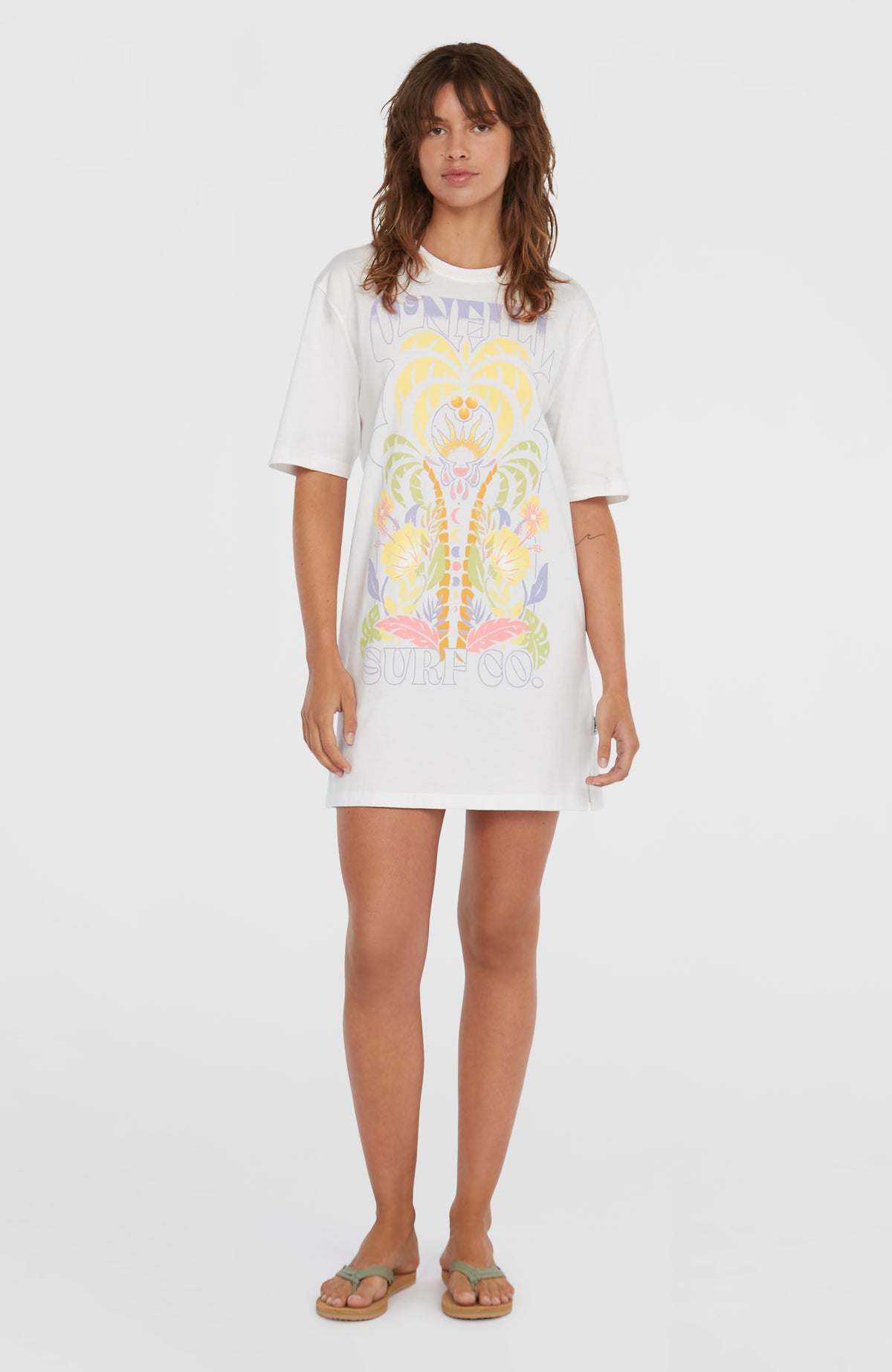 O'Neill Beach Vintage T-Shirt-Kleid für Damen, weiß mit Grafik-Print in Gelb und Lila, Vorderansicht