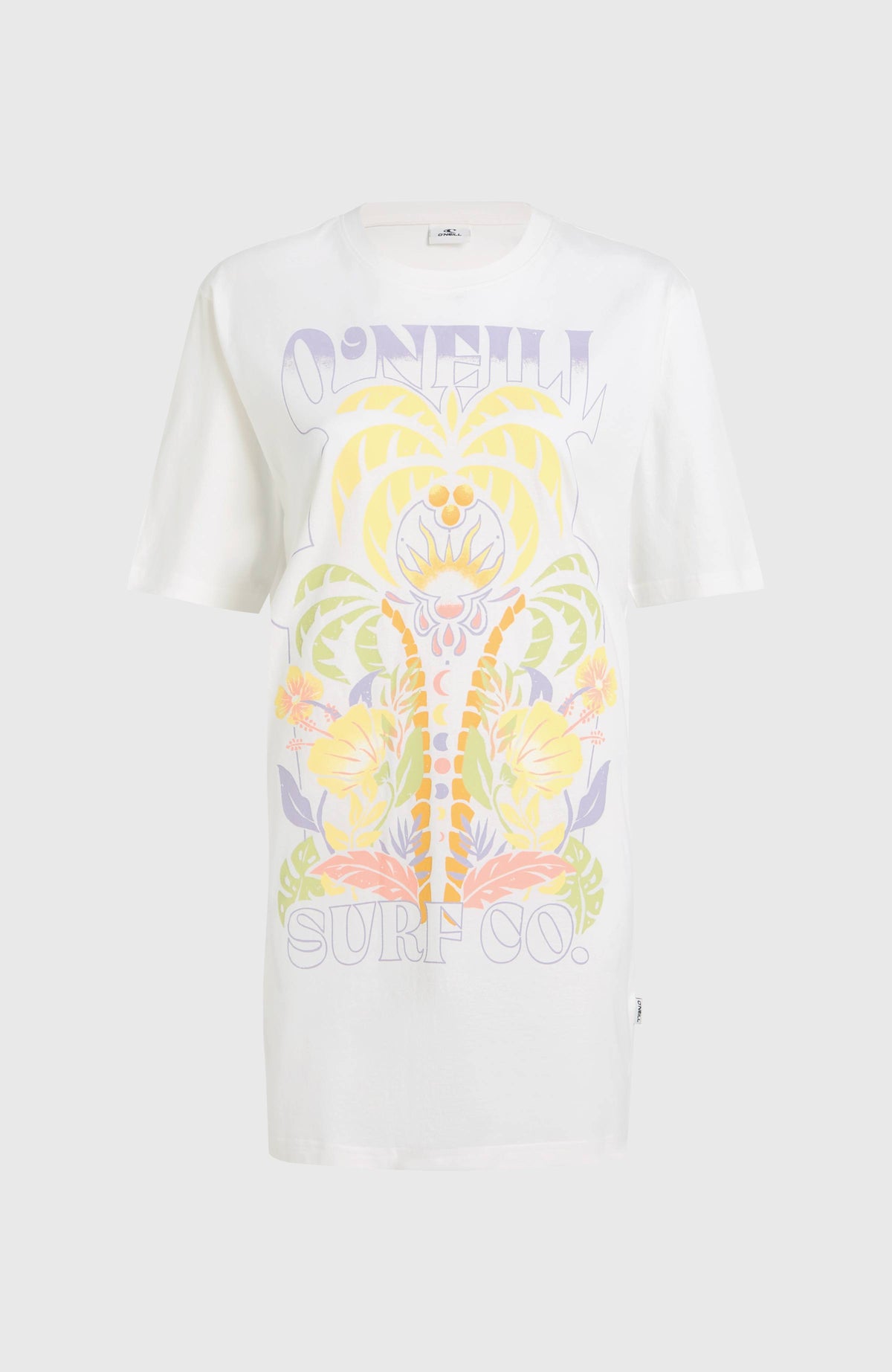 Beach Vintage T-Shirt-Kleid, weiß mit Grafik-Print in Gelb und Lila, freigestellt von vorne