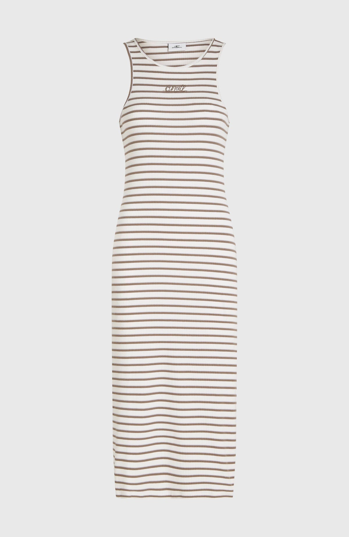 Jess Midi-Rippkleid für Damen, weiß mit Streifenmuster in Braun, freigestellt von vorne, Rundhalsausschnitt
