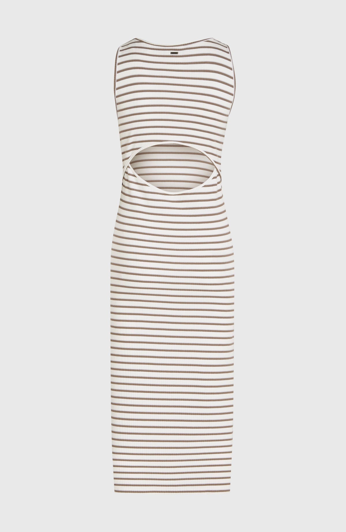 Jess Midi-Rippkleid für Damen, weiß mit Streifenmuster in Braun, freigestellt von hinten, Cut-out an der Rückseite