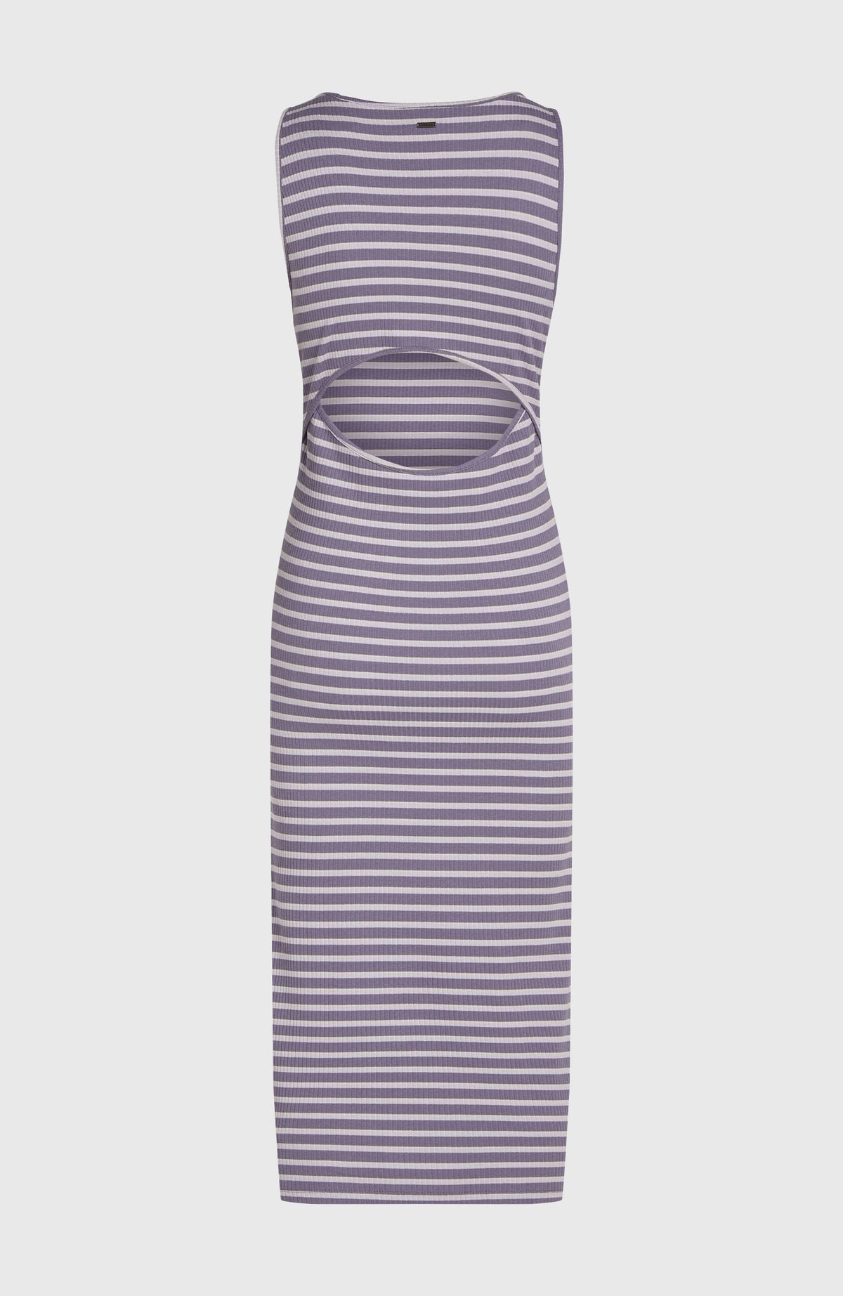 Jess Midi-Rippkleid für Damen, lila mit Streifenmuster in Weiß, freigestellt von hinten mit Cut-Out