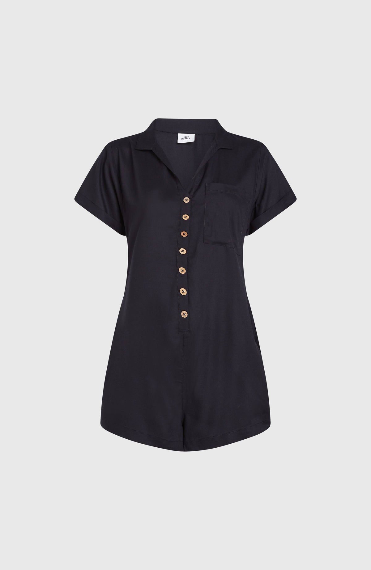 Women of the Wave Romper für Damen, schwarz, freigestellt von vorne mit Kragen, Knopfleiste und Fronttasche
