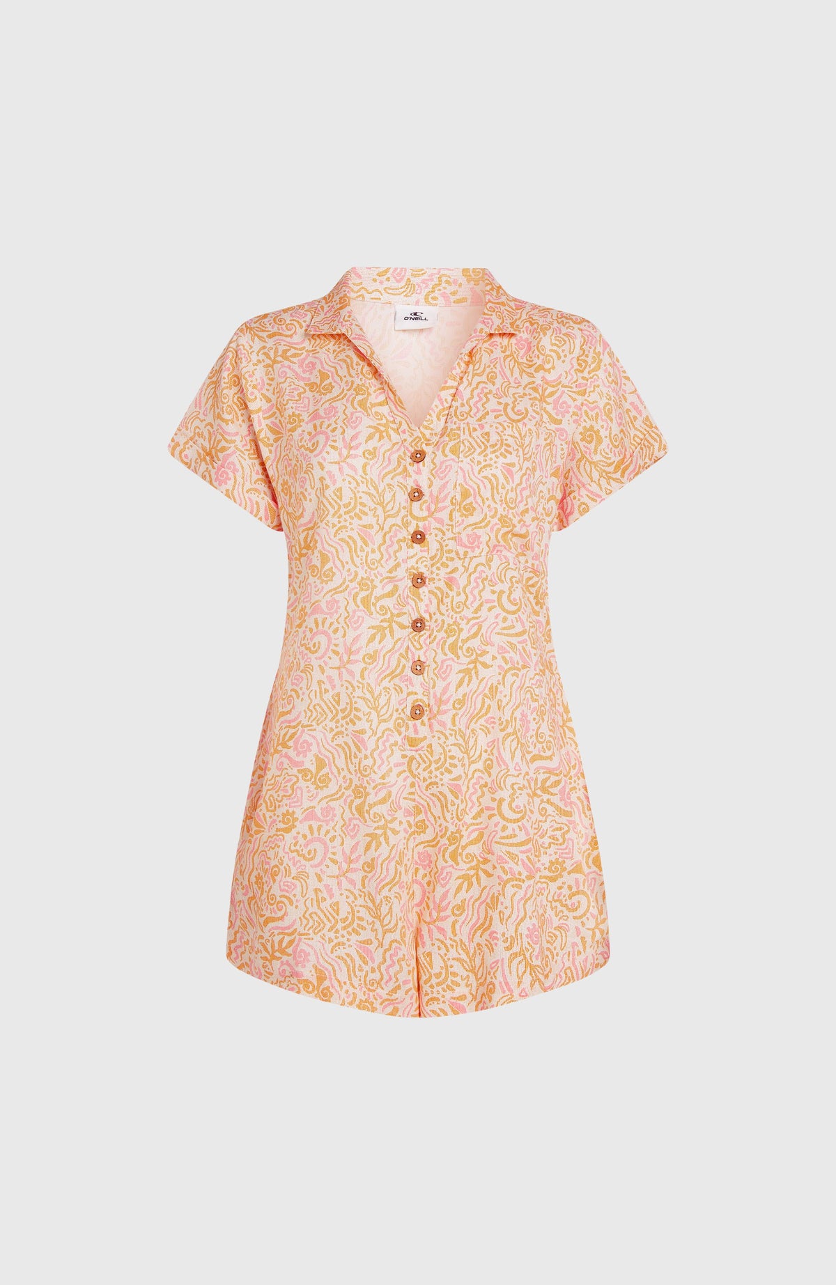 Women of the Wave Romper Jumpsuit für Damen, weiß mit Wellenmuster in Gelb und Rosa, Vorderansicht, freigestellt