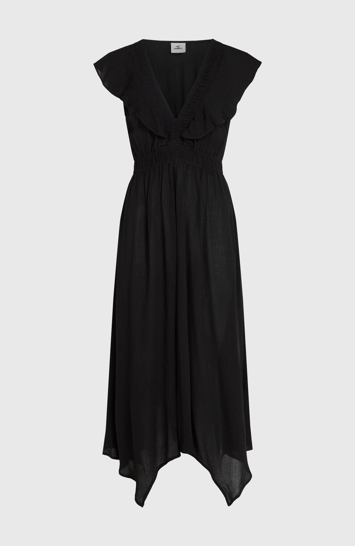 Must-Have Midikleid für Damen, schwarz, freigestellt von vorne mit V-Ausschnitt und Zipfelsaum