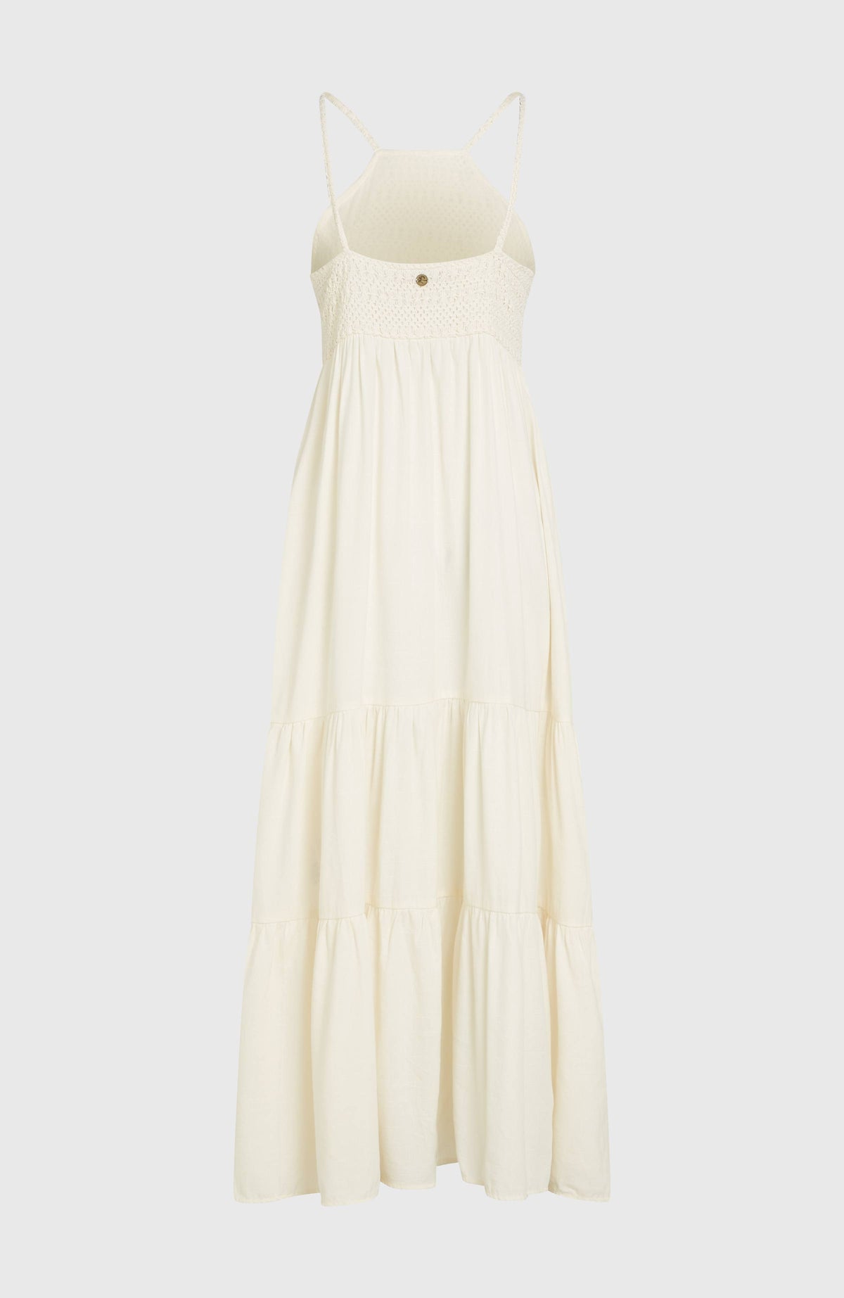 O'Riginals Maxikleid für Damen, weiß, freigestellt von hinten mit schmalen Trägern und gestuftem Rockteil