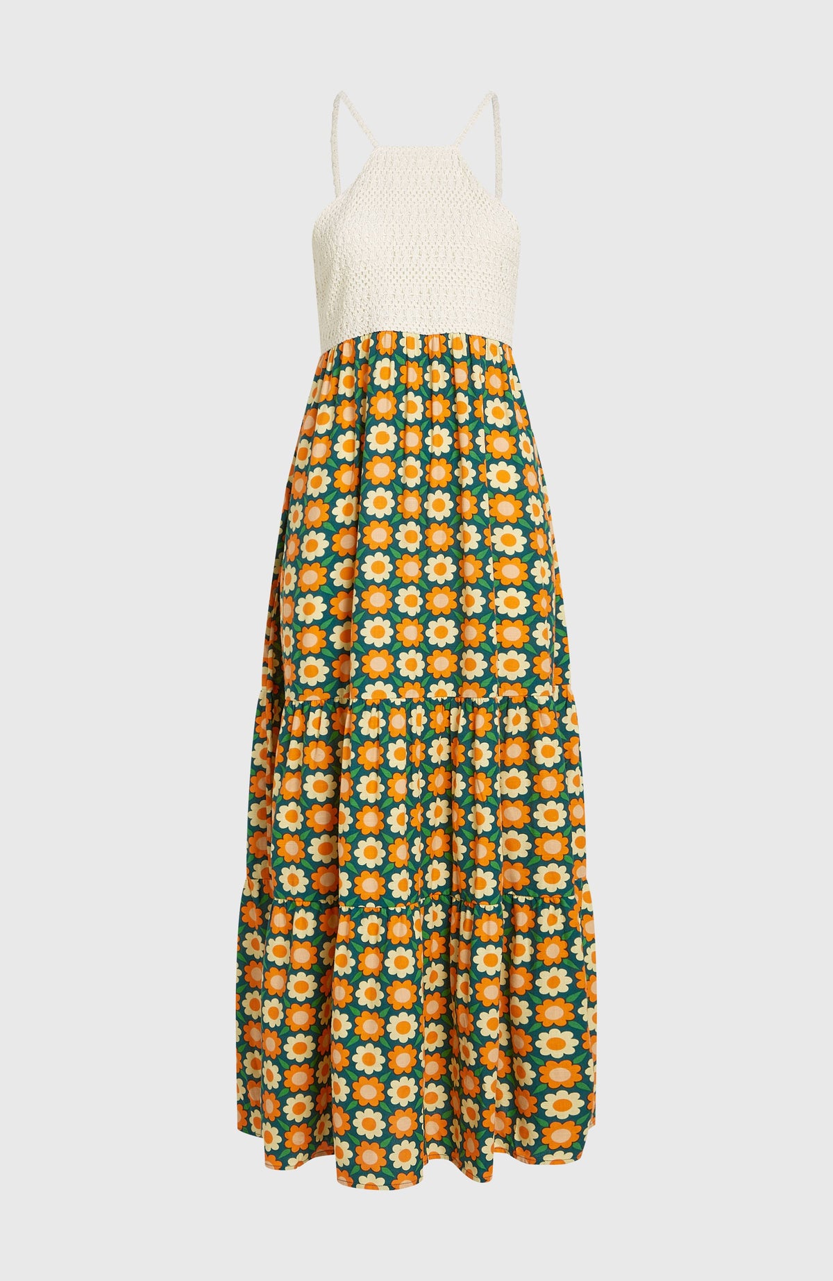 Grünes O'Riginals Maxikleid mit Blumenmuster in Orange und Gelb, freigestellt von vorne