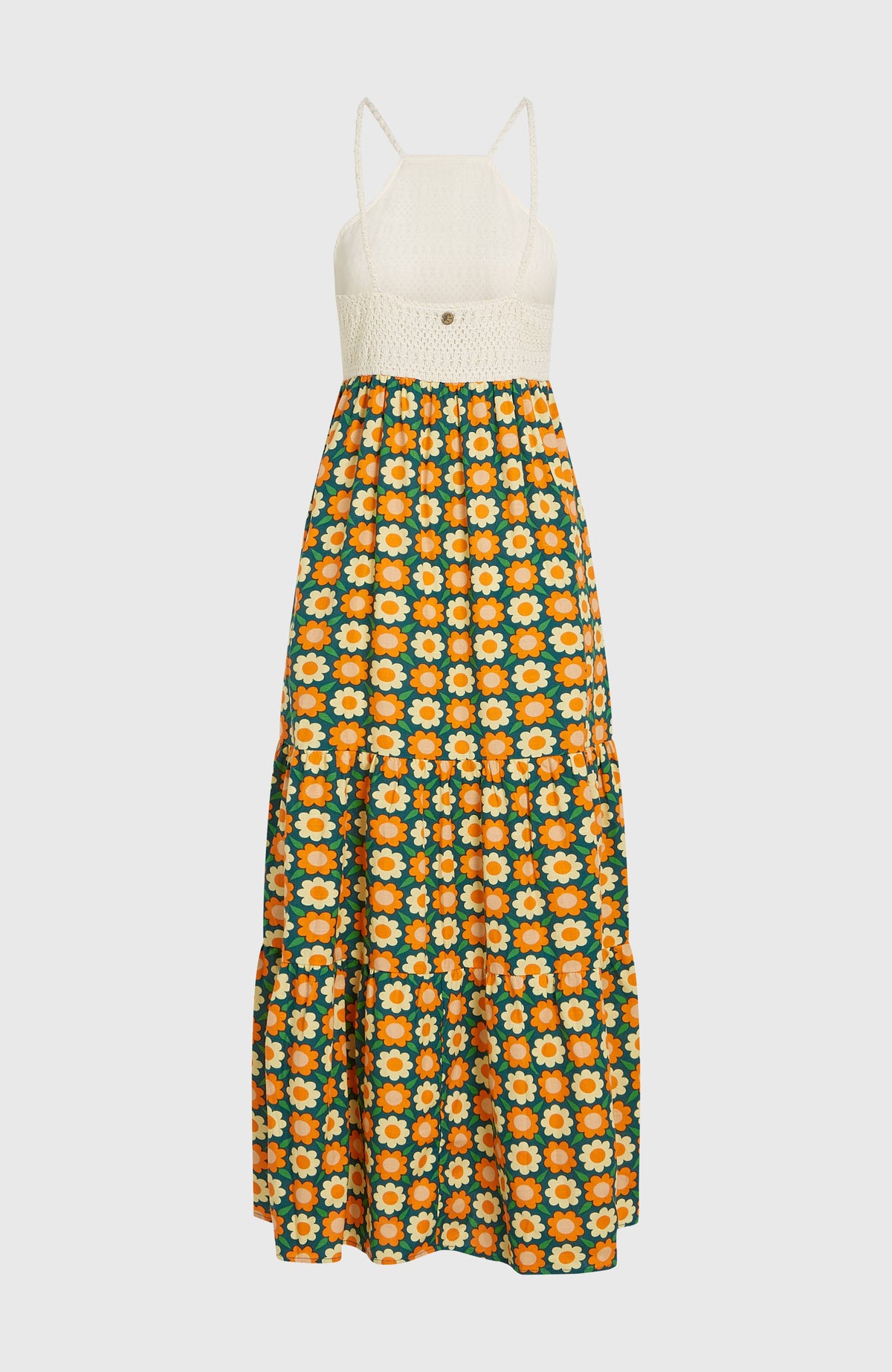 Grünes O'Riginals Maxikleid mit Blumenmuster in Orange und Gelb, freigestellt von hinten
