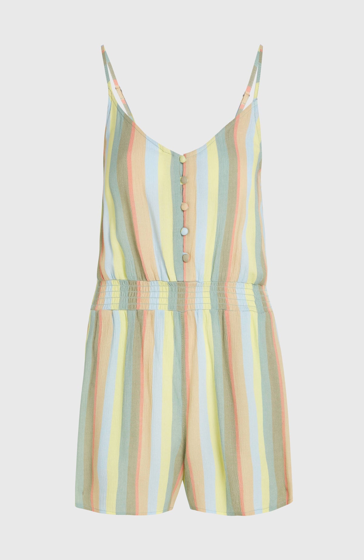 Romper mit Knöpfen und schmalen Trägern für Damen, gelb mit Streifenmuster in Blau und Rosa, freigestellt von vorne