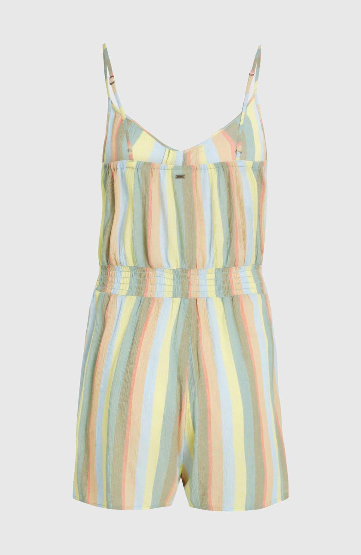 Romper mit Knöpfen und schmalen Trägern für Damen, gelb mit Streifenmuster in Blau und Rosa, freigestellt von hinten