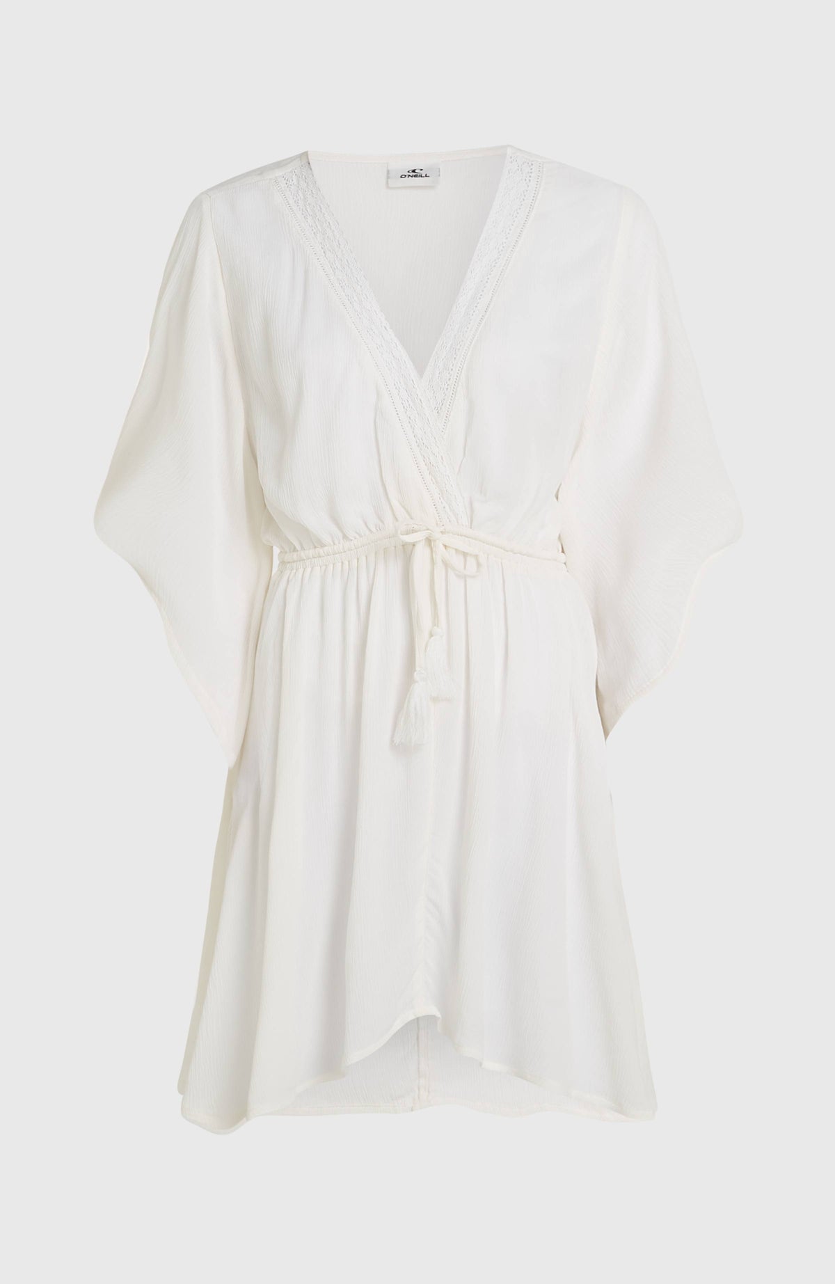 Essentials Tokeena Cover Up Kleid für Damen, weiß, freigestellt von vorne, V-Ausschnitt und Bindeband am Bund