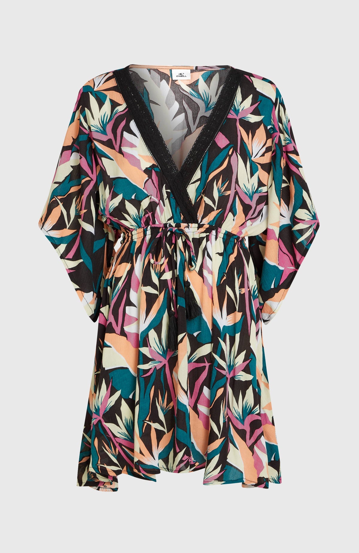 Essentials Tokeena Cover Up Kleid für Damen, schwarz mit Blattmuster in Rosa und Grün, freigestellt von vorne