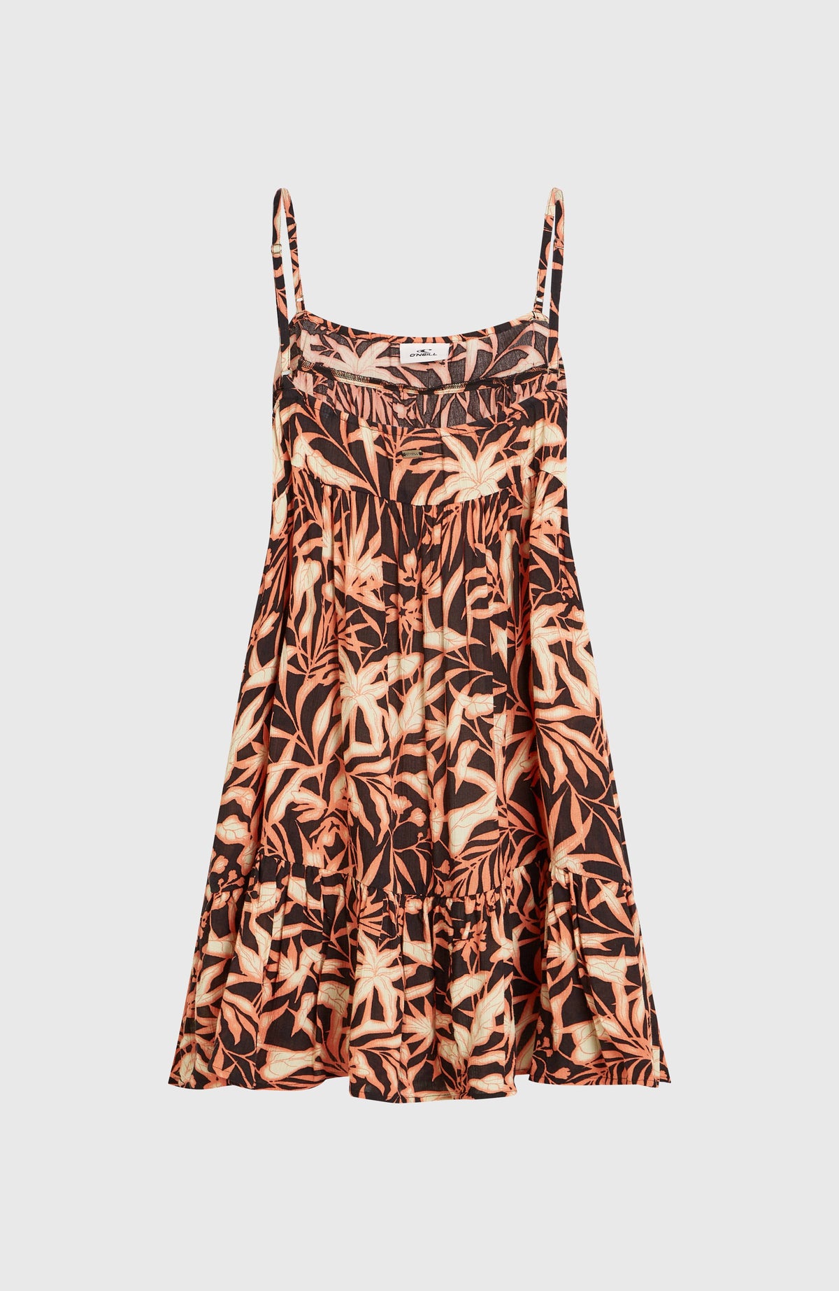 Rilee Kurzkleid für Damen, schwarz mit Blättermuster in Orange, freigestellt von hinten mit tiefem Ausschnitt