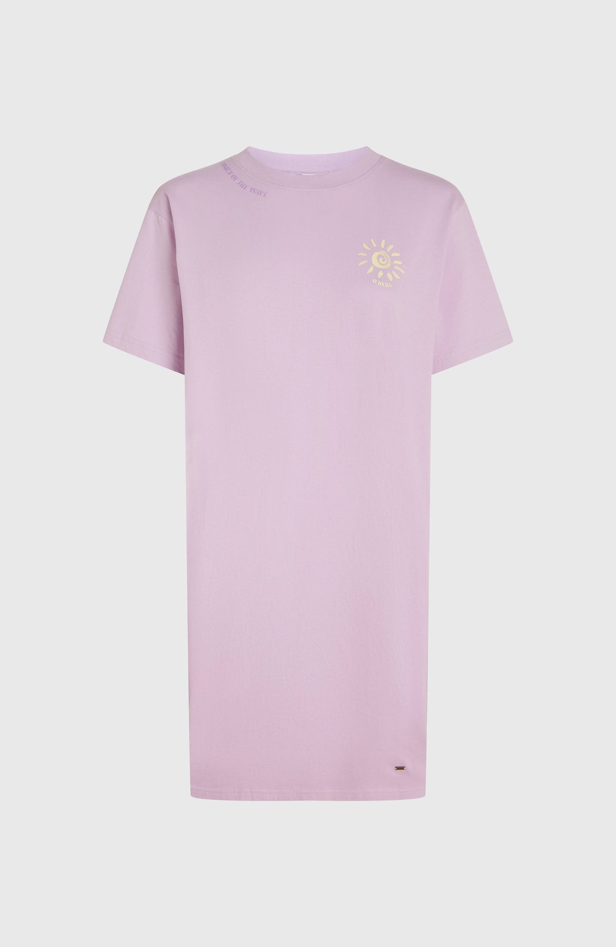 Women of the Wave T-Shirt-Kleid für Damen, lila mit Sonnen-Print in Gelb, freigestellt von vorne