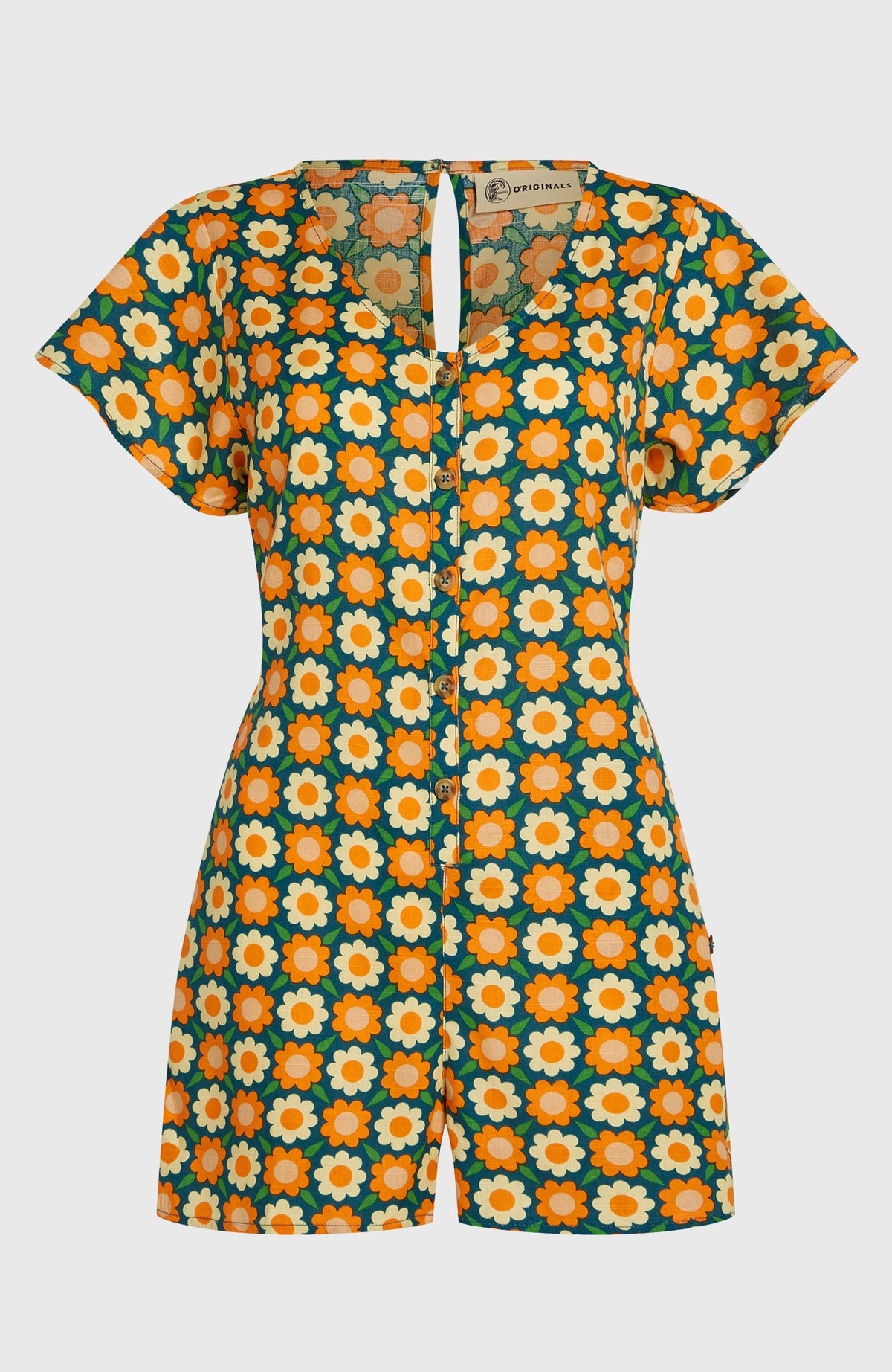 Grüner O'Riginals Playsuit für Damen mit Blumenmuster in Orange und Gelb, freigestellt von vorne mit Knopfleiste