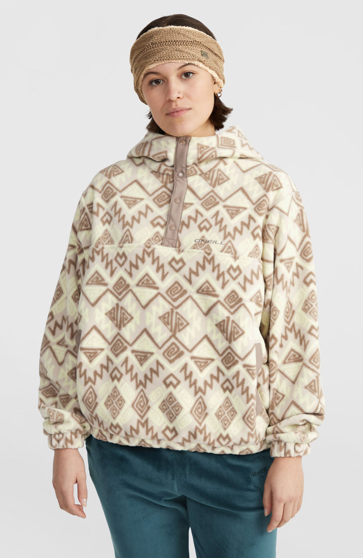 Superfleece Hoodie mit Halbreißverschluss | Grey Retro Ikat