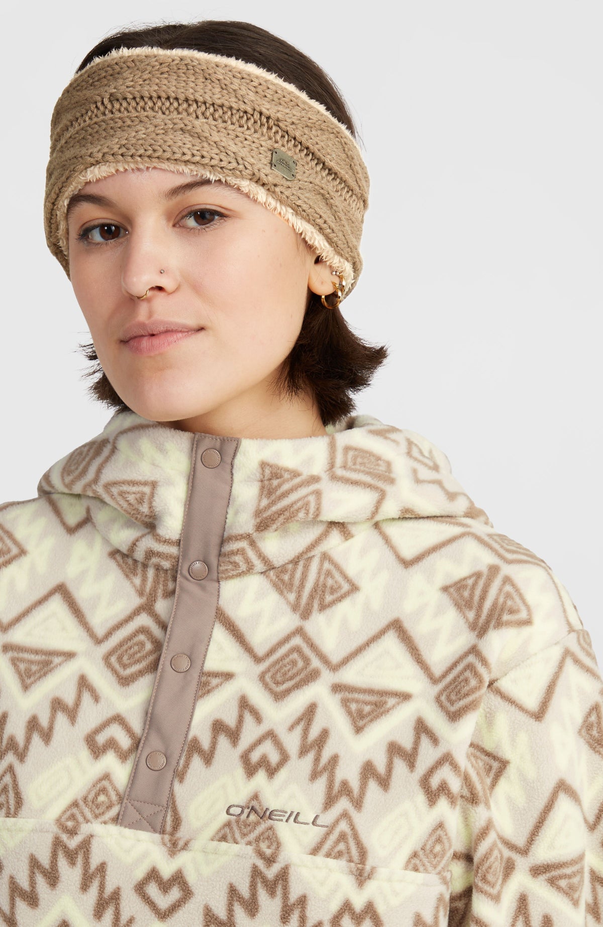 Superfleece Hoodie mit Halbreißverschluss | Grey Retro Ikat