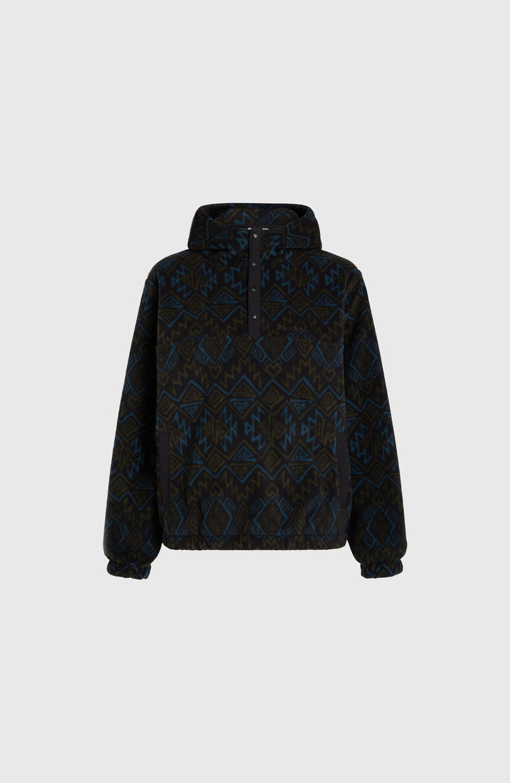 Superfleece Hoodie mit Halbreißverschluss | Black Retro Ikat